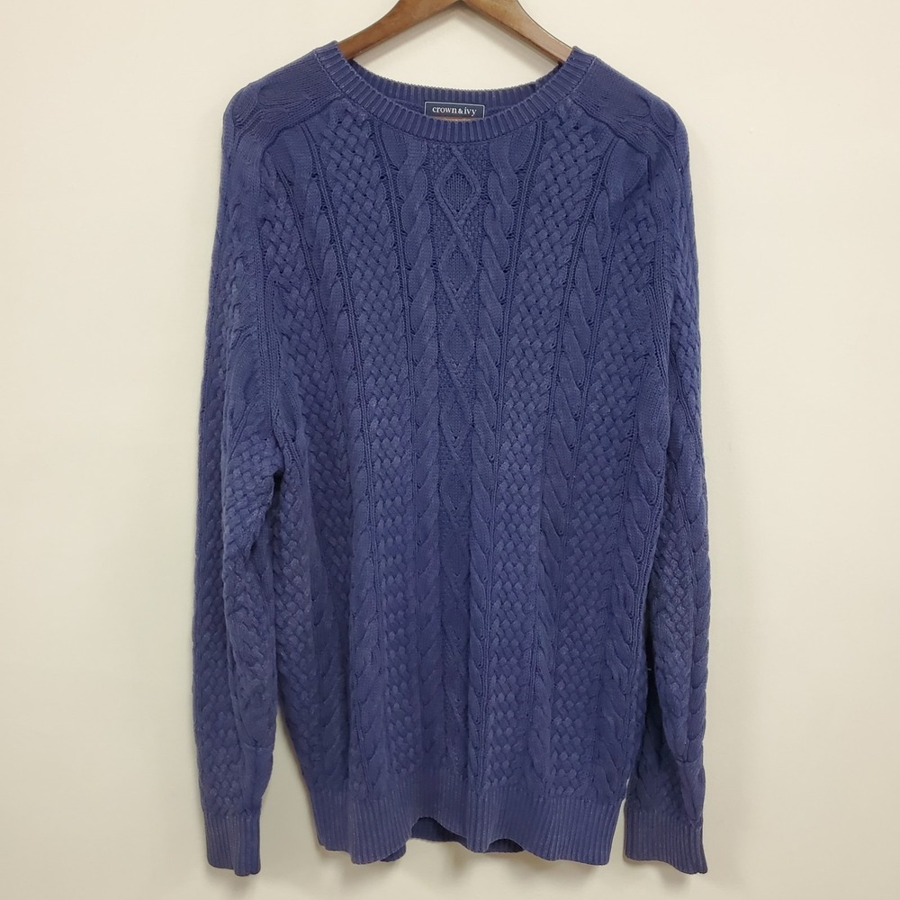 Crown Ivy Mens Thick Fisherman Cable Knit‎ Sweater Size XL Blue Preppy Old Money